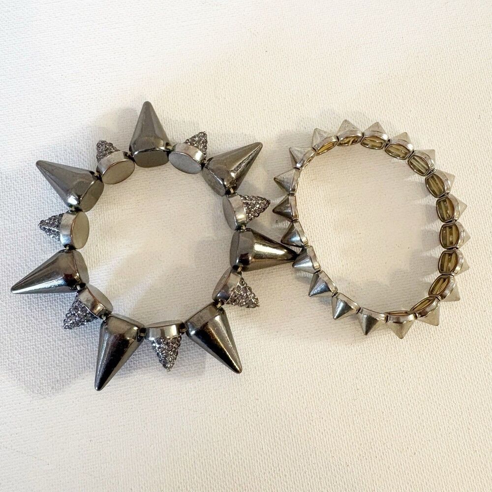 Pave Crystal Silver Toned Bracelet Alternating Spike Elastic Stretch Punk Biker